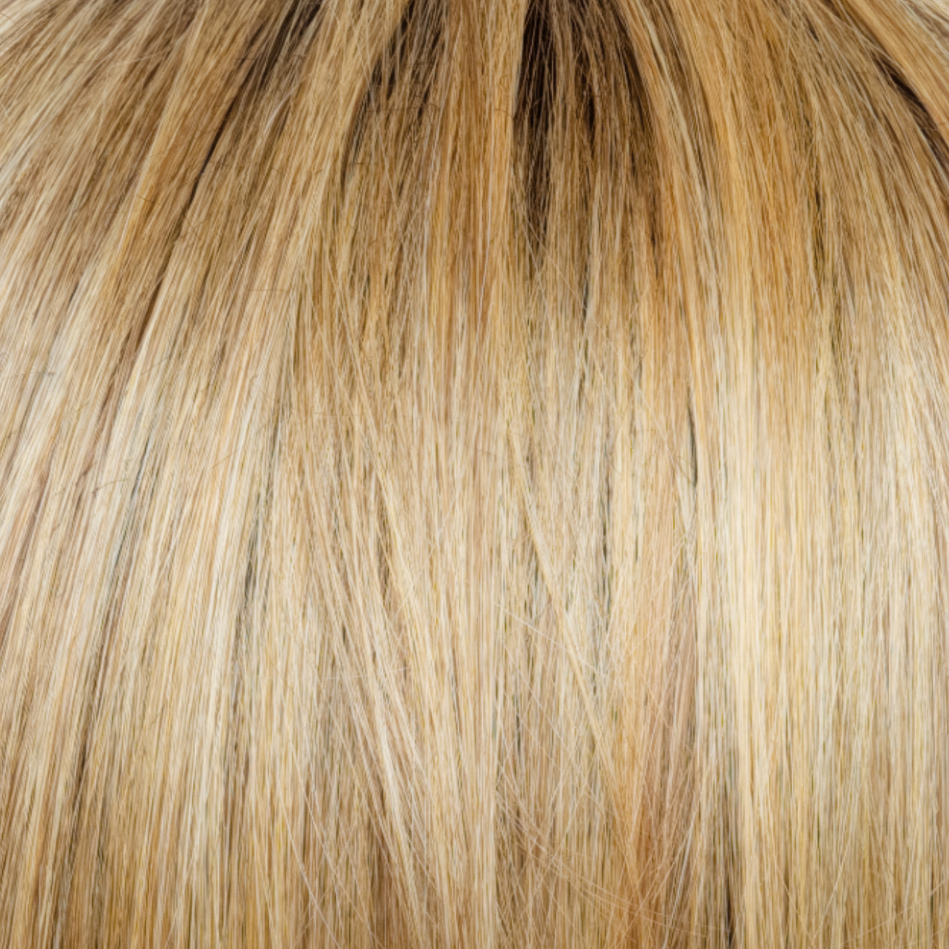 Cinder Toffee-R  -  The rooted sister color of Cinder Toffee. This exquisite mid blonde shade features a blend of beige, brown burnt toffee, blonde, and gold highlights expertly woven throughout the hair. The root regrowth shade is a mid-brown that seamlessly transitions into the midlands and ends.